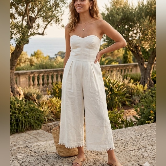 Greylin Pants - Greylin Strapless Linen Cream Jumpsuit
